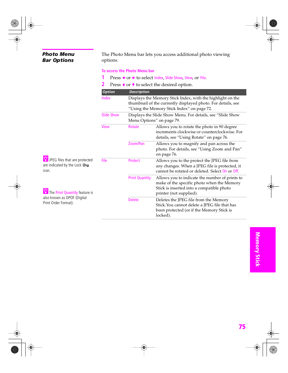 Photo menu bar options | Sony KDP 51WS655 User Manual | Page 76 / 113