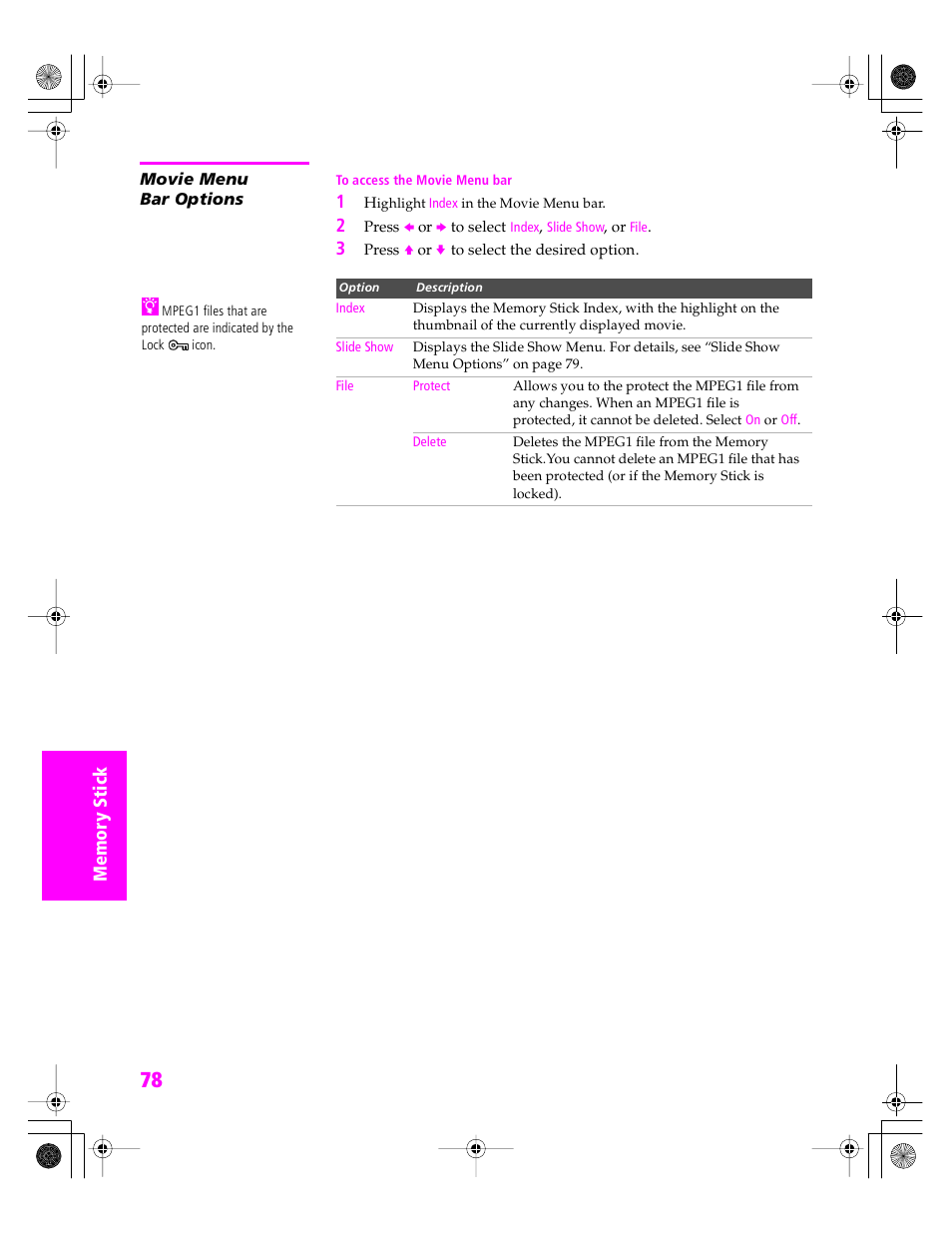 Movie menu bar options | Sony KDP 51WS655 User Manual | Page 79 / 113