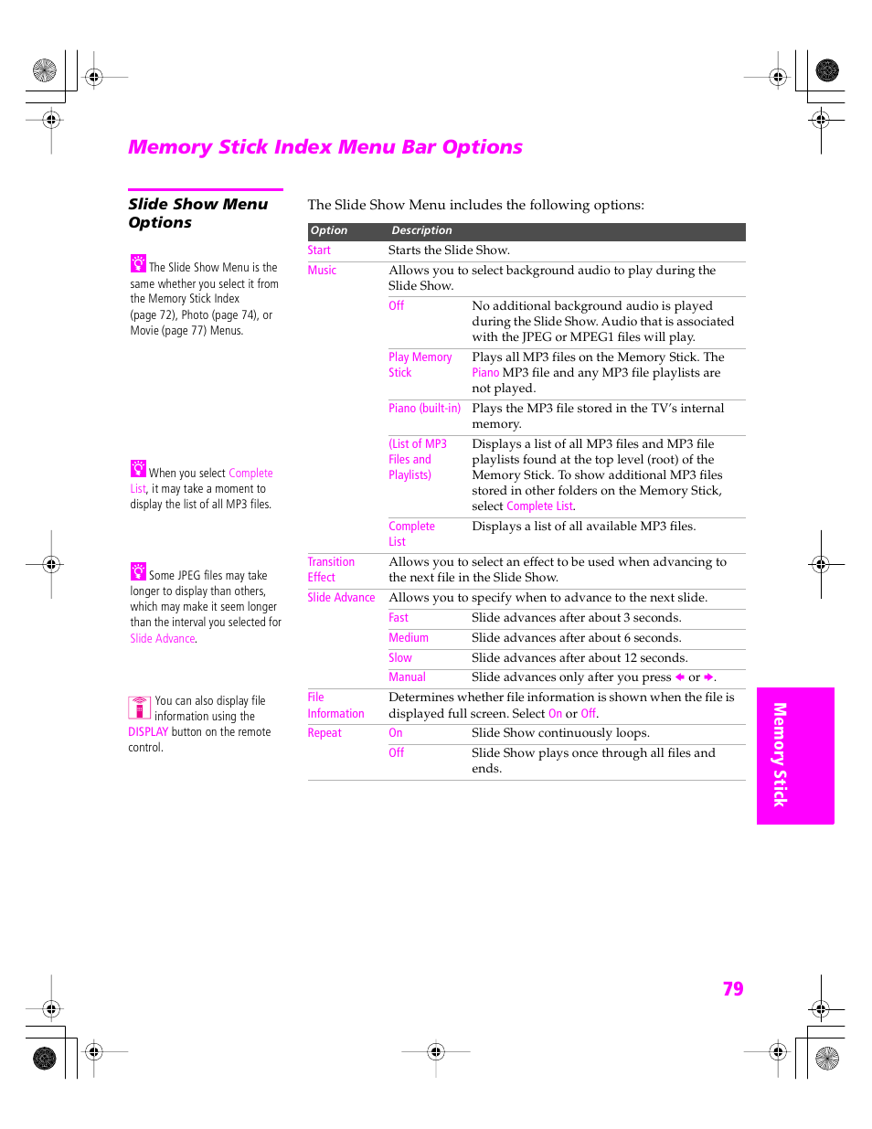 Memory stick index menu bar options, Slide show menu options | Sony KDP 51WS655 User Manual | Page 80 / 113