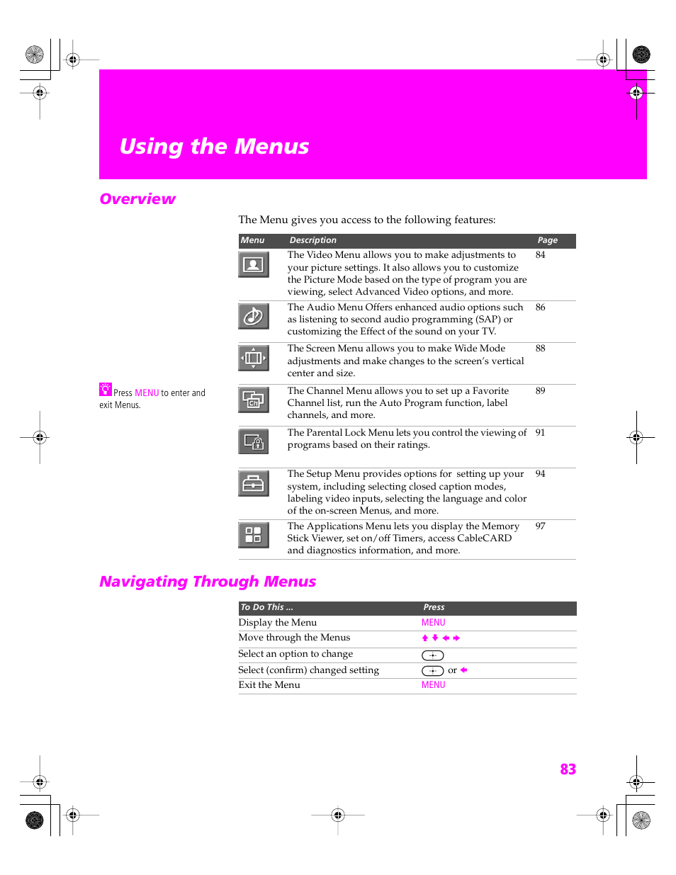 Using the menus, Overview, Navigating through menus | Overview navigating through menus | Sony KDP 51WS655 User Manual | Page 86 / 113