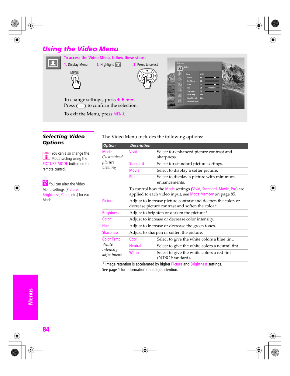 Using the video menu, Selecting video options | Sony KDP 51WS655 User Manual | Page 87 / 113