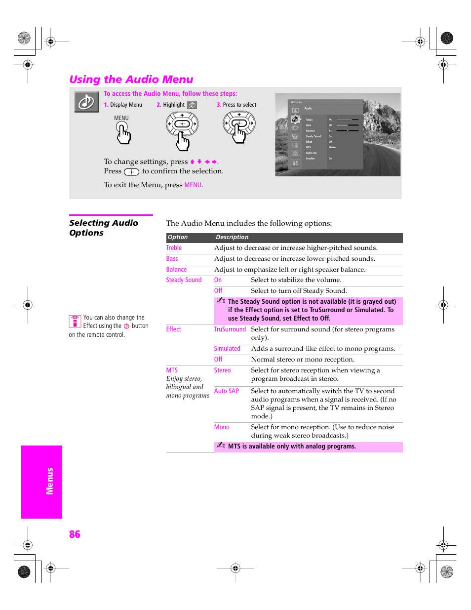 Using the audio menu, Selecting audio options | Sony KDP 51WS655 User Manual | Page 89 / 113