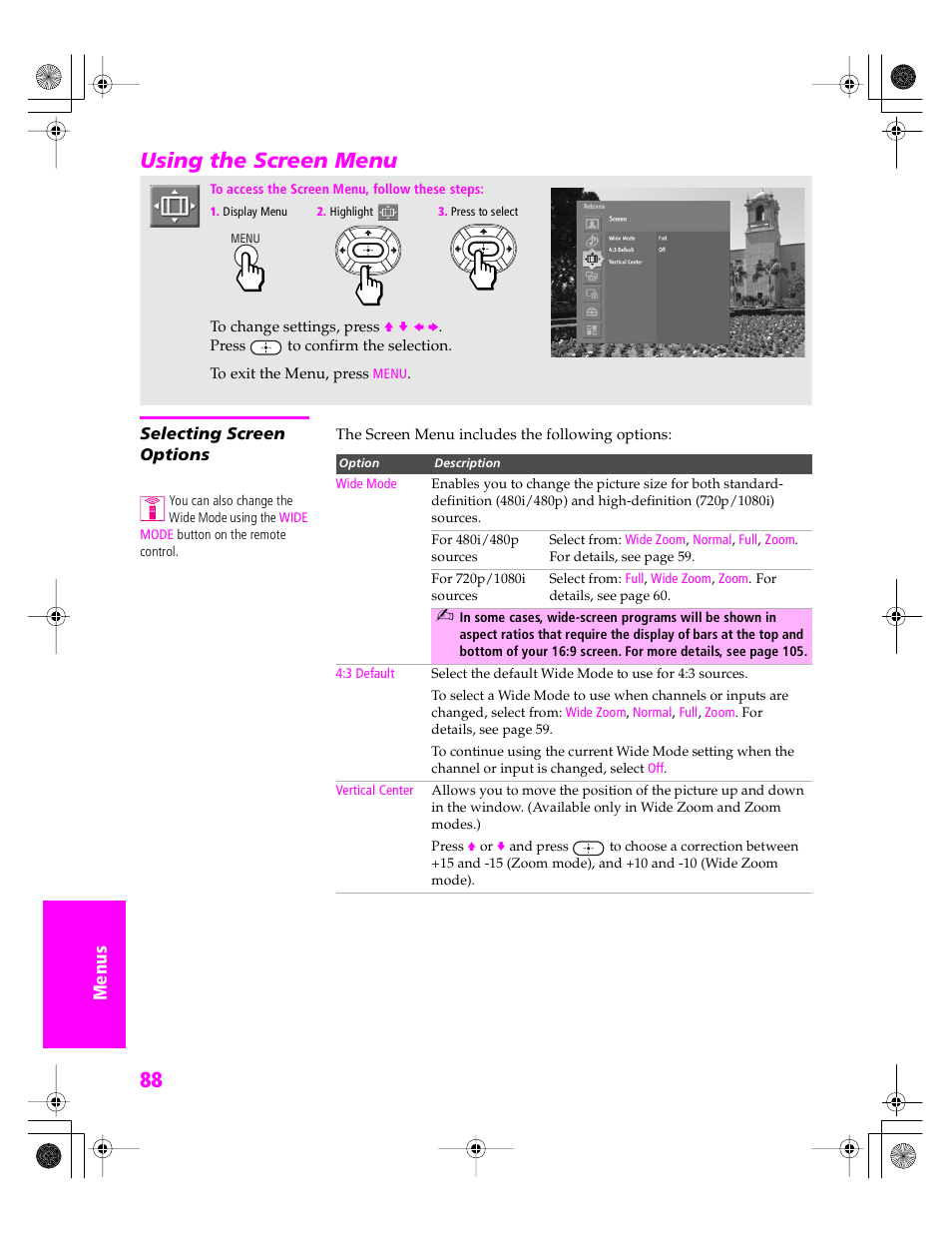 Using the screen menu, Selecting screen options, D 88 | Sony KDP 51WS655 User Manual | Page 91 / 113