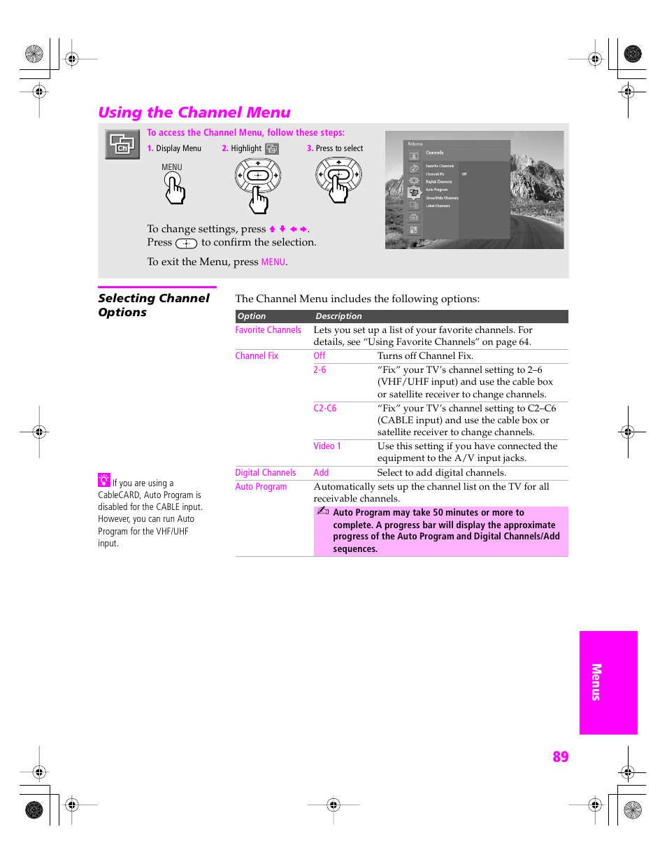 Using the channel menu, Selecting channel options | Sony KDP 51WS655 User Manual | Page 92 / 113