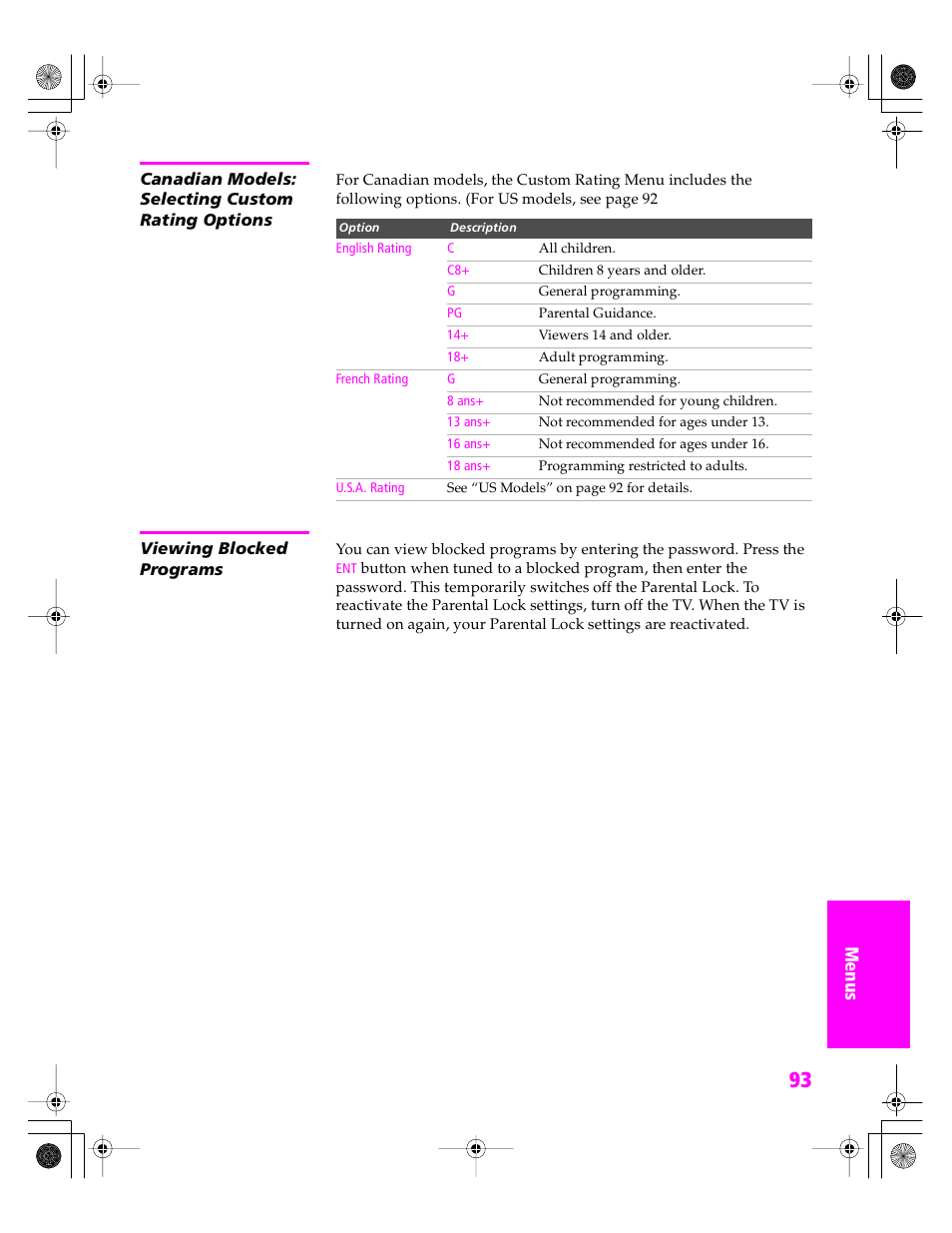 Canadian models: selecting custom rating options, Viewing blocked programs | Sony KDP 51WS655 User Manual | Page 96 / 113