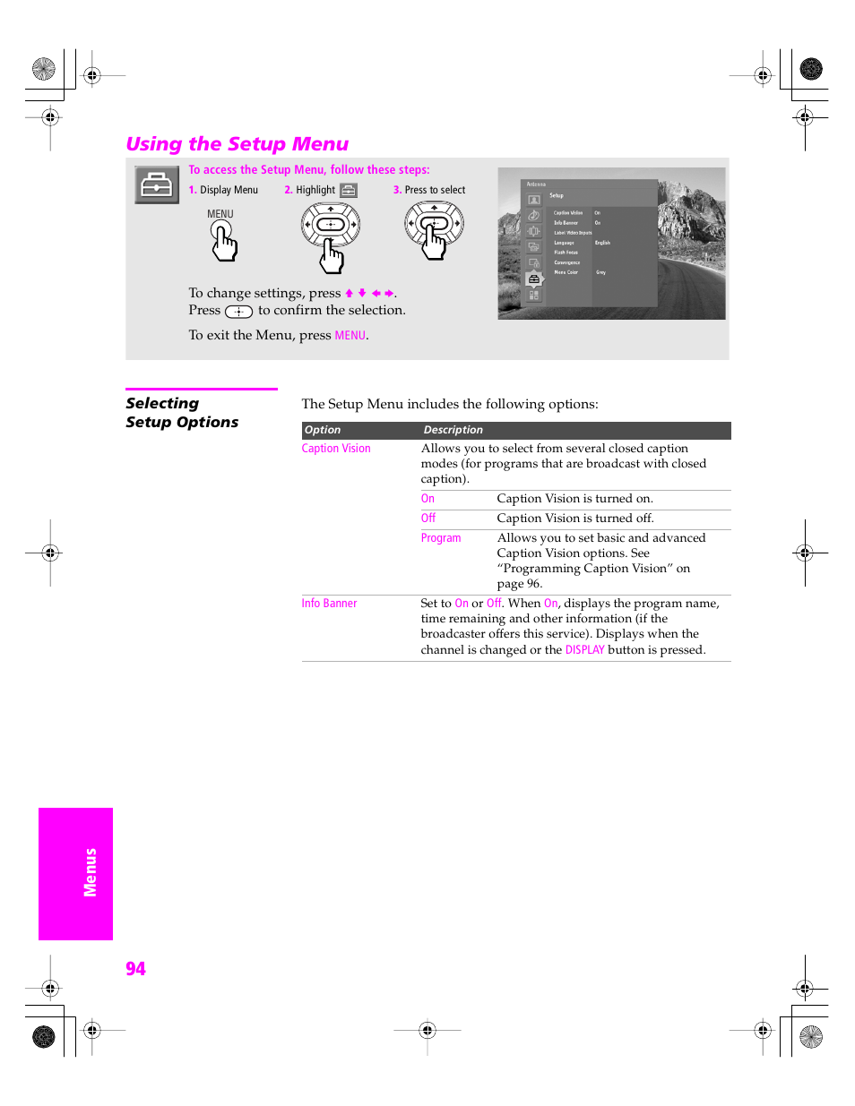 Using the setup menu, Selecting setup options | Sony KDP 51WS655 User Manual | Page 97 / 113