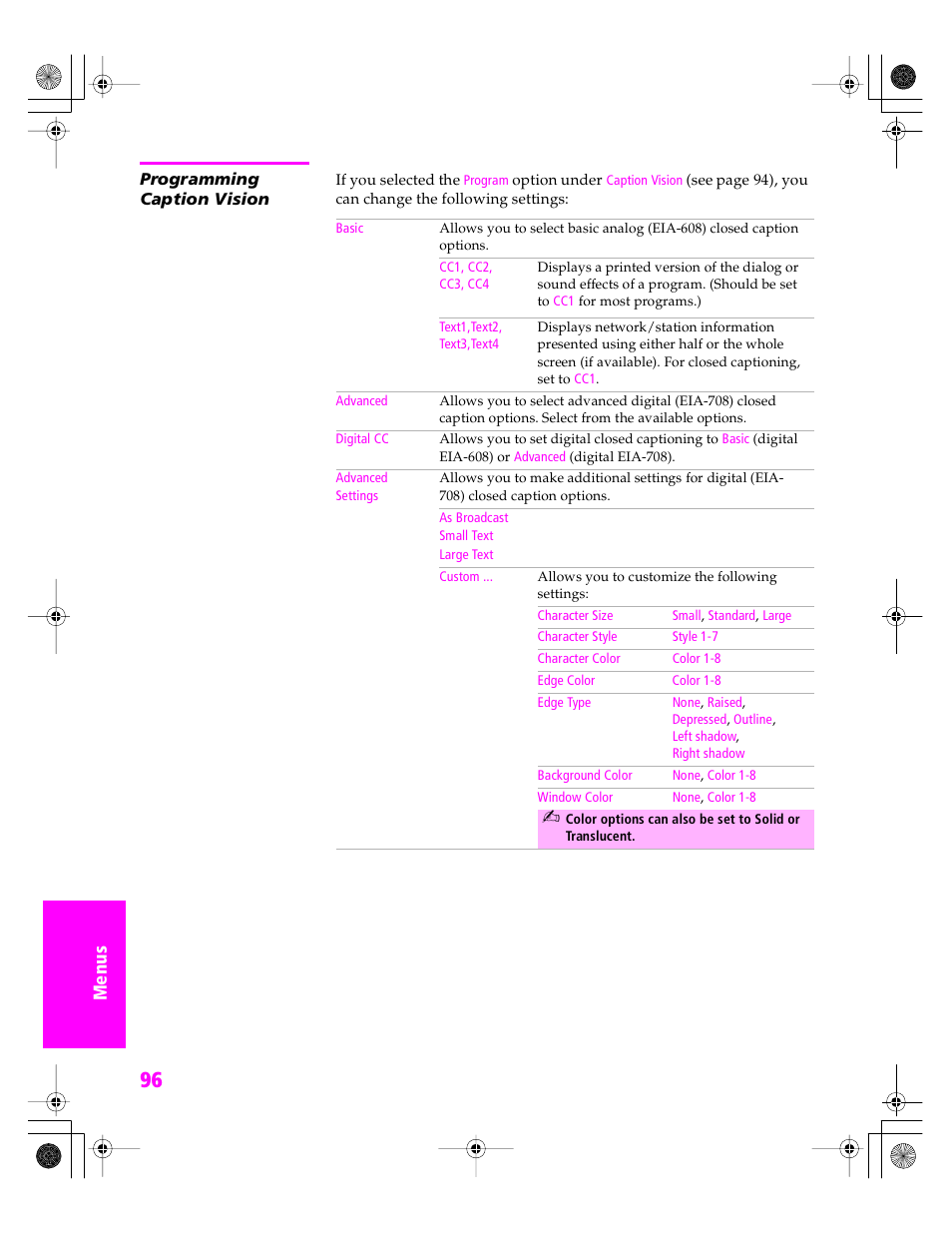 Programming caption vision | Sony KDP 51WS655 User Manual | Page 99 / 113
