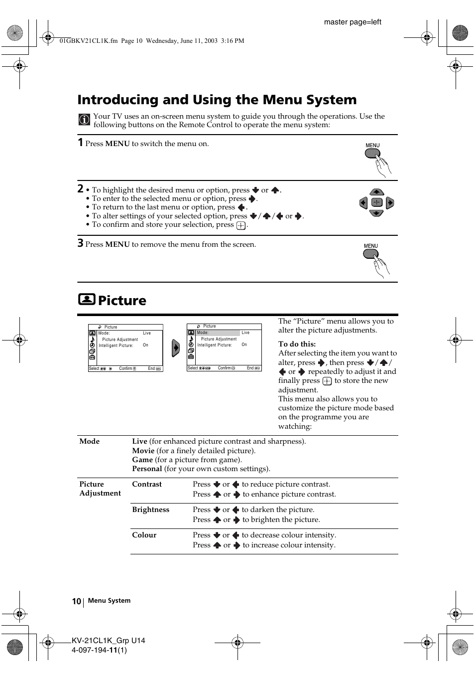 Introducing and using the menu system, Picture | Sony KV-21CL1K User Manual | Page 10 / 128