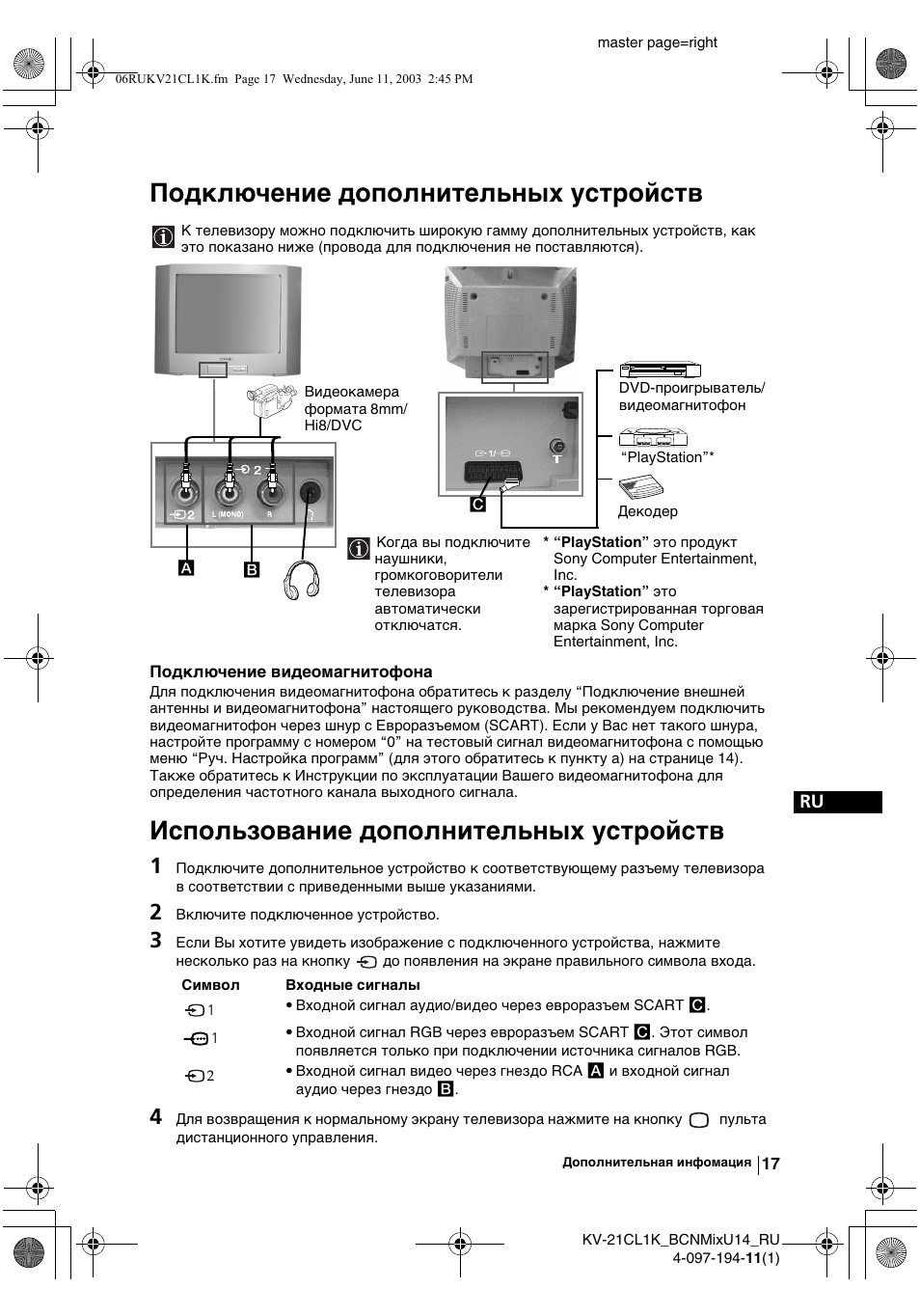 Подключeниe дополнитeльных устройств, Использованиe дополнитeльных устройств | Sony KV-21CL1K User Manual | Page 107 / 128