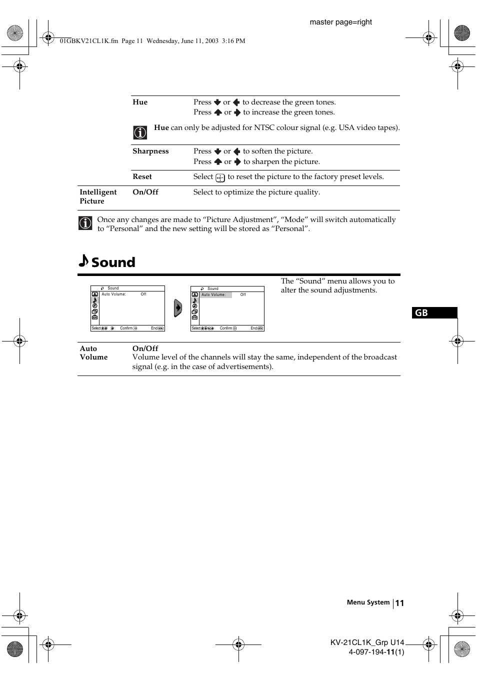 Sound | Sony KV-21CL1K User Manual | Page 11 / 128