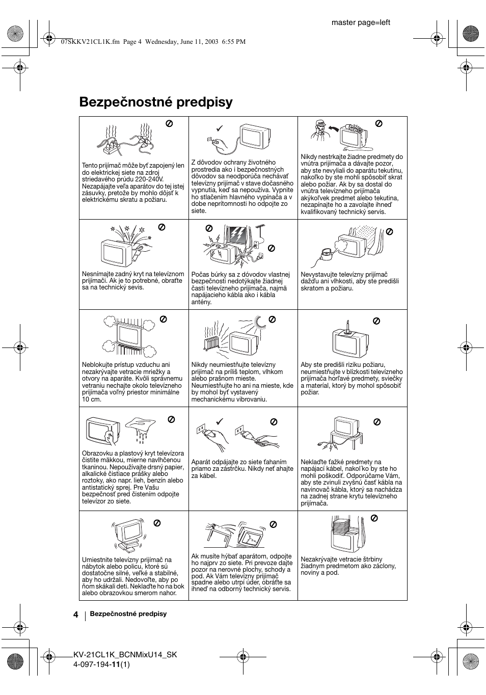 Bezpečnostné predpisy | Sony KV-21CL1K User Manual | Page 112 / 128