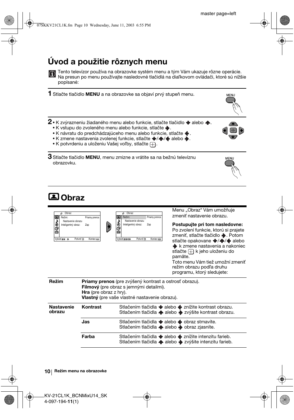 Úvod a použitie rôznych menu, Obraz | Sony KV-21CL1K User Manual | Page 118 / 128