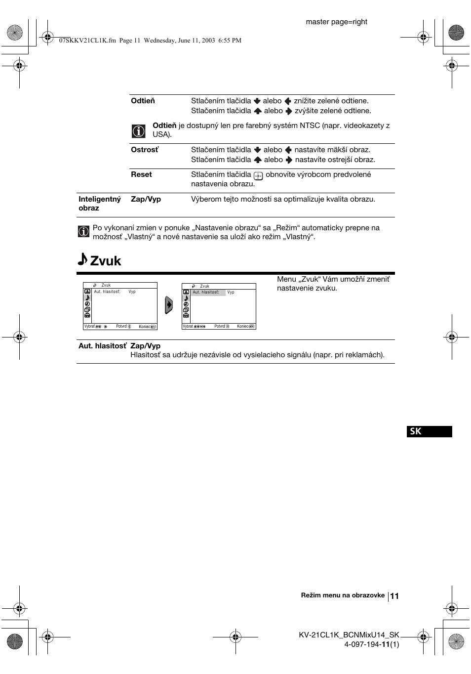 Zvuk | Sony KV-21CL1K User Manual | Page 119 / 128
