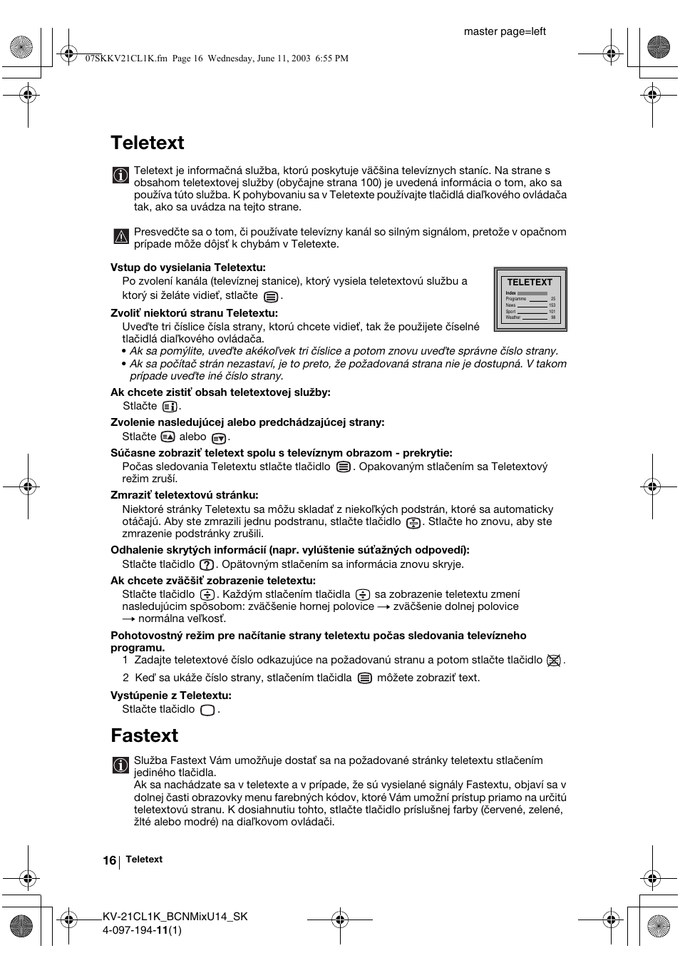 Teletext, Fastext | Sony KV-21CL1K User Manual | Page 124 / 128