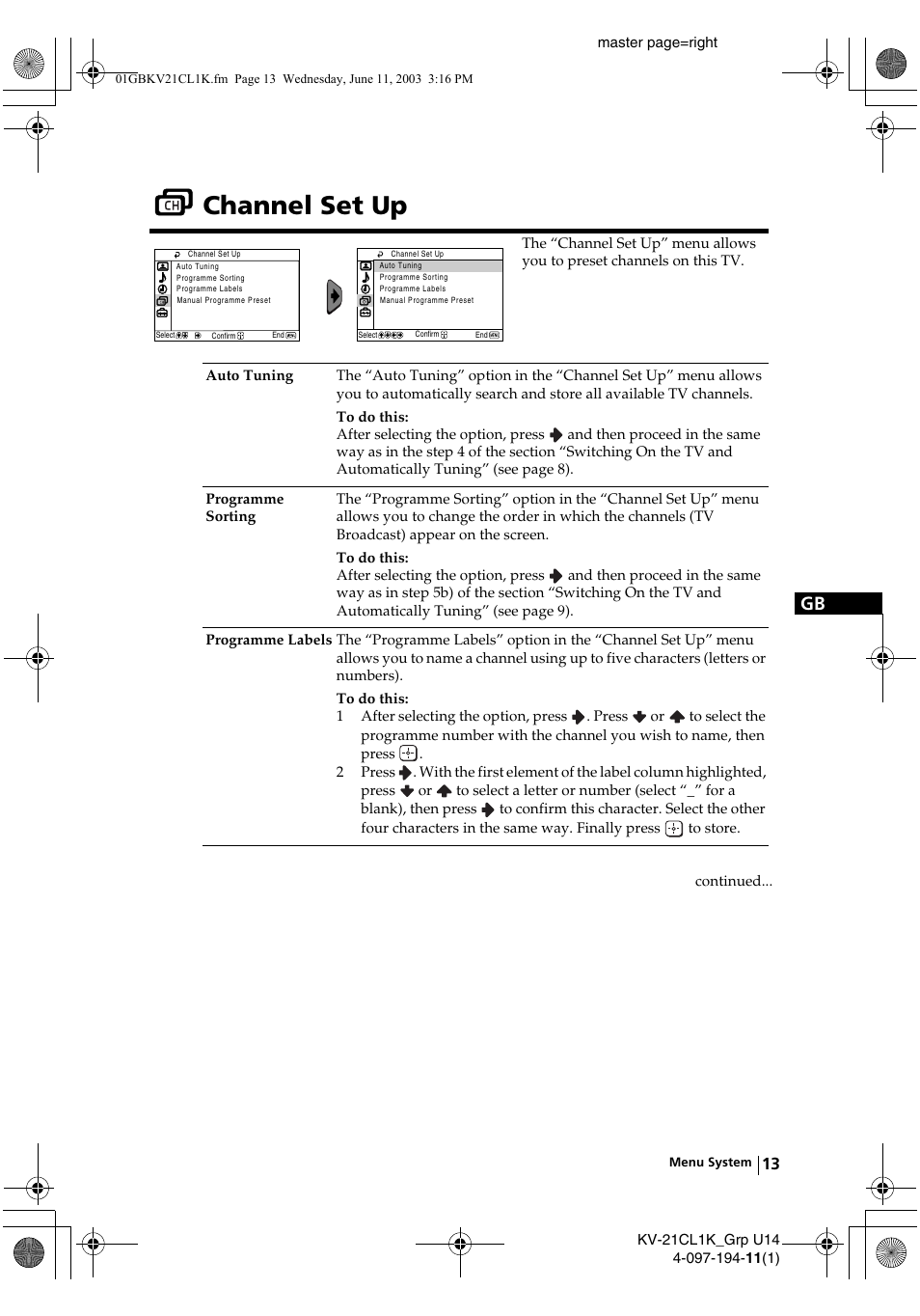 Channel set up | Sony KV-21CL1K User Manual | Page 13 / 128