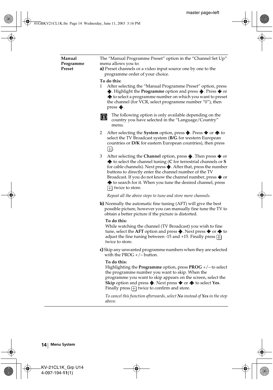 Sony KV-21CL1K User Manual | Page 14 / 128