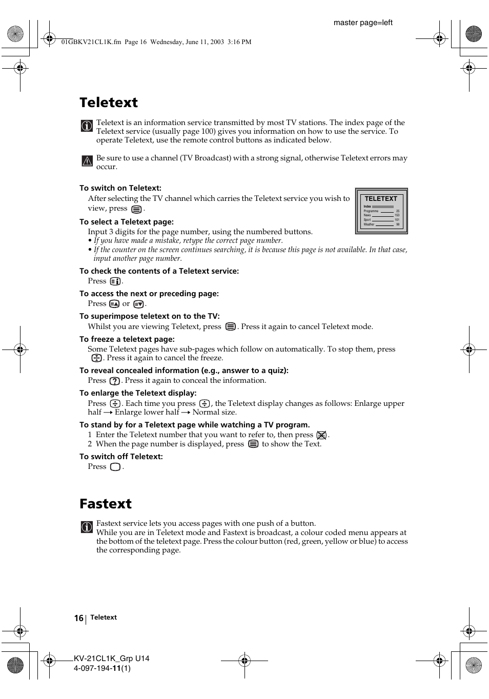 Teletext, Fastext, Master page=left | Sony KV-21CL1K User Manual | Page 16 / 128