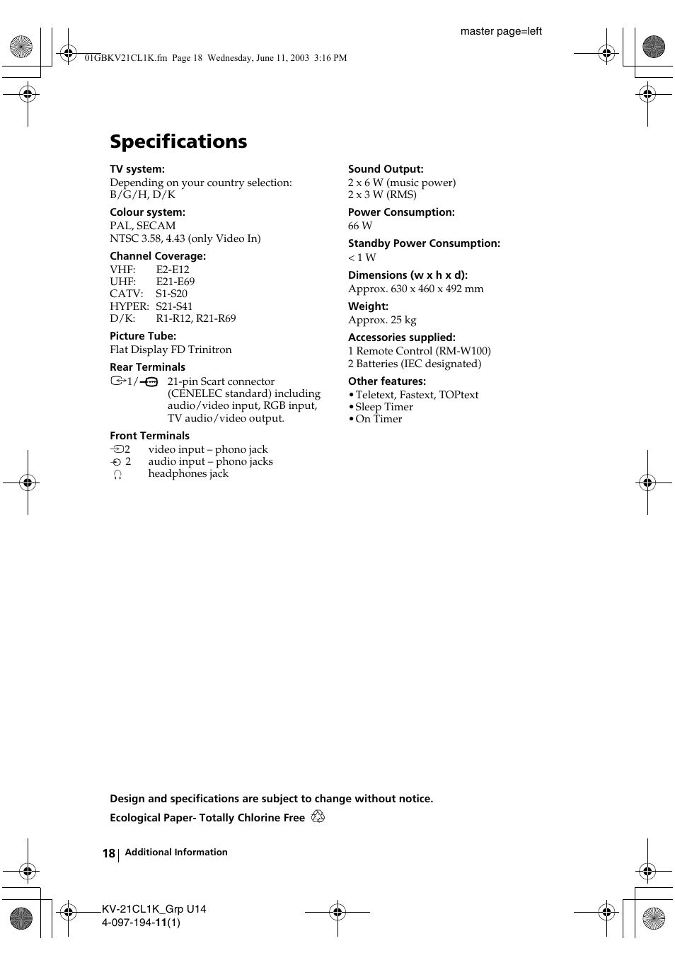 Specifications | Sony KV-21CL1K User Manual | Page 18 / 128