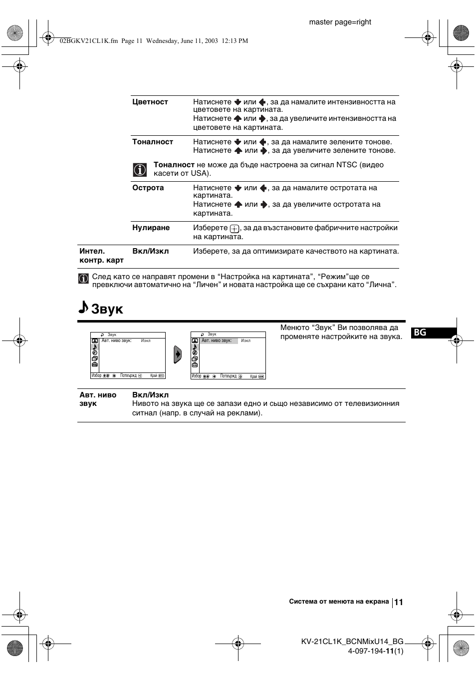 Звук | Sony KV-21CL1K User Manual | Page 29 / 128