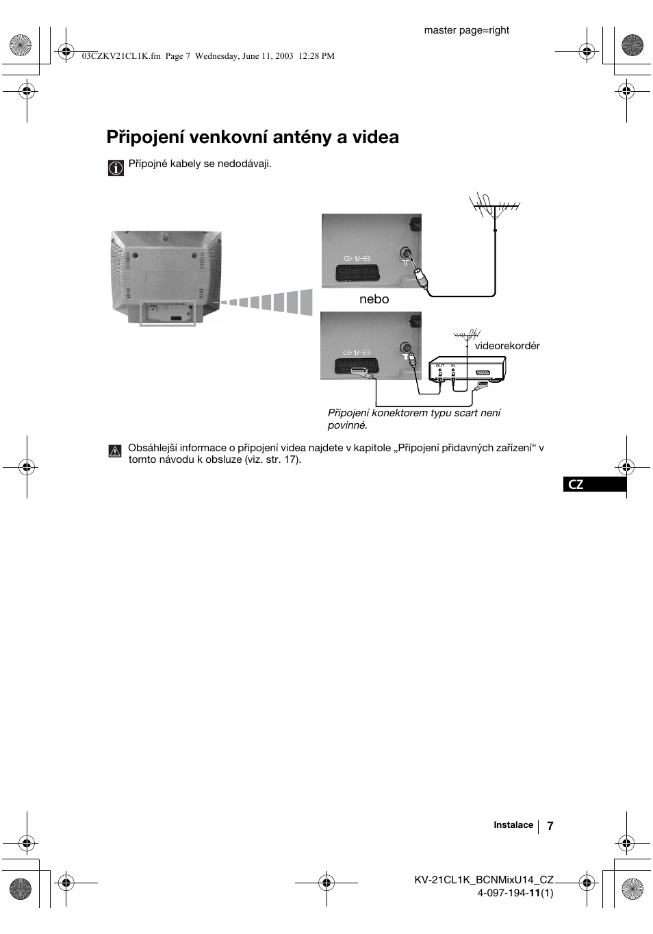 Připojení venkovní antény a videa, Nebo | Sony KV-21CL1K User Manual | Page 43 / 128
