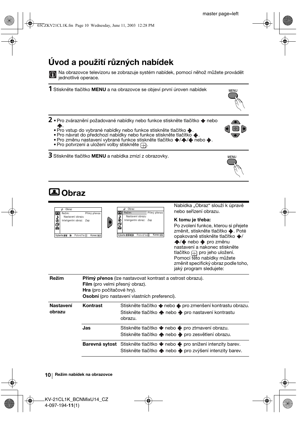 Úvod a použití různých nabídek, Obraz | Sony KV-21CL1K User Manual | Page 46 / 128