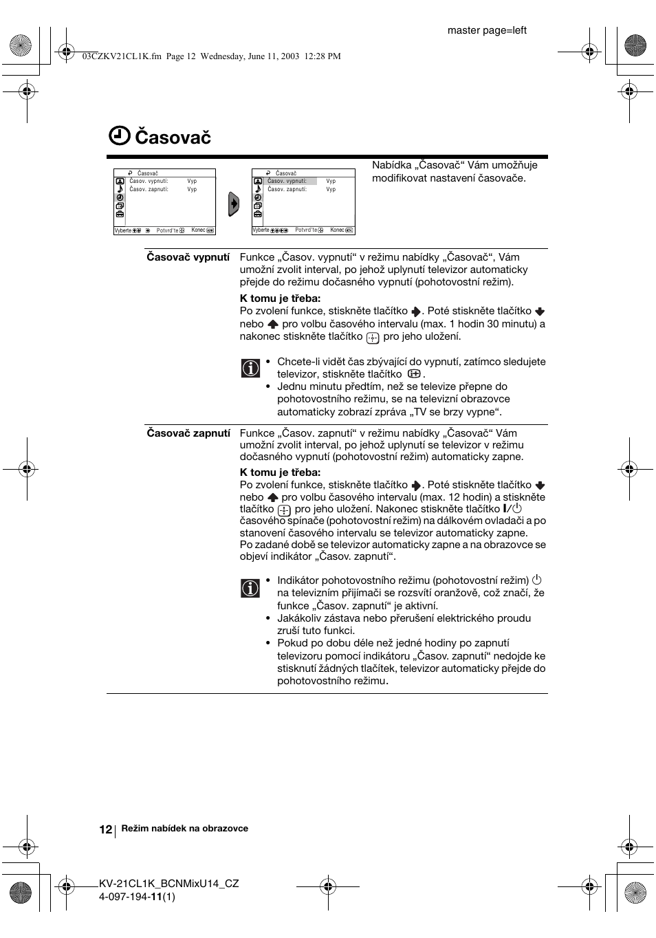 Časovač | Sony KV-21CL1K User Manual | Page 48 / 128