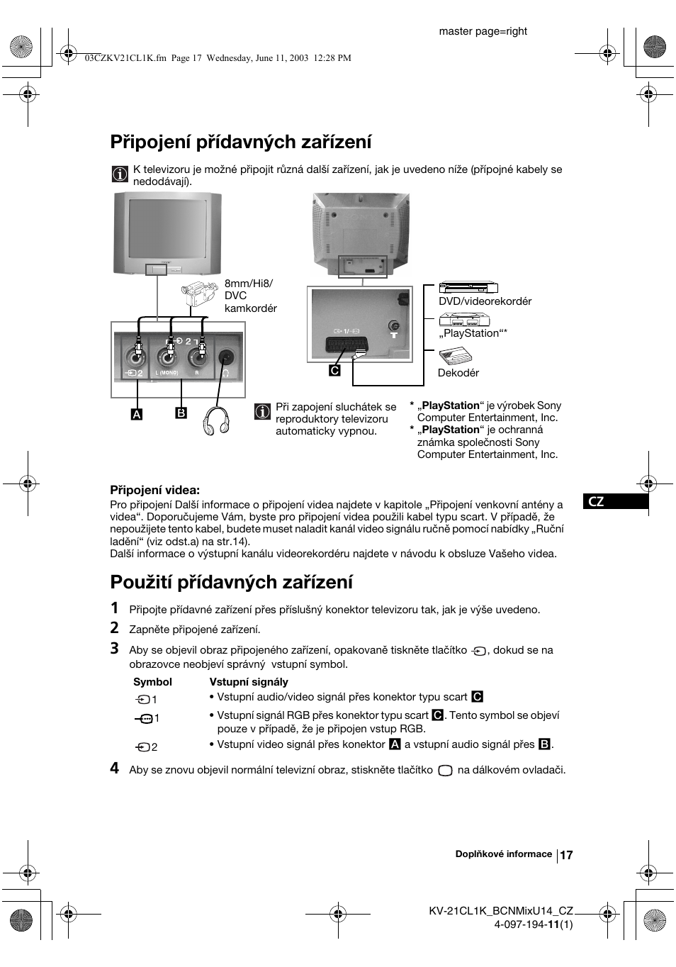 Připojení přídavných zařízení, Použití přídavných zařízení | Sony KV-21CL1K User Manual | Page 53 / 128