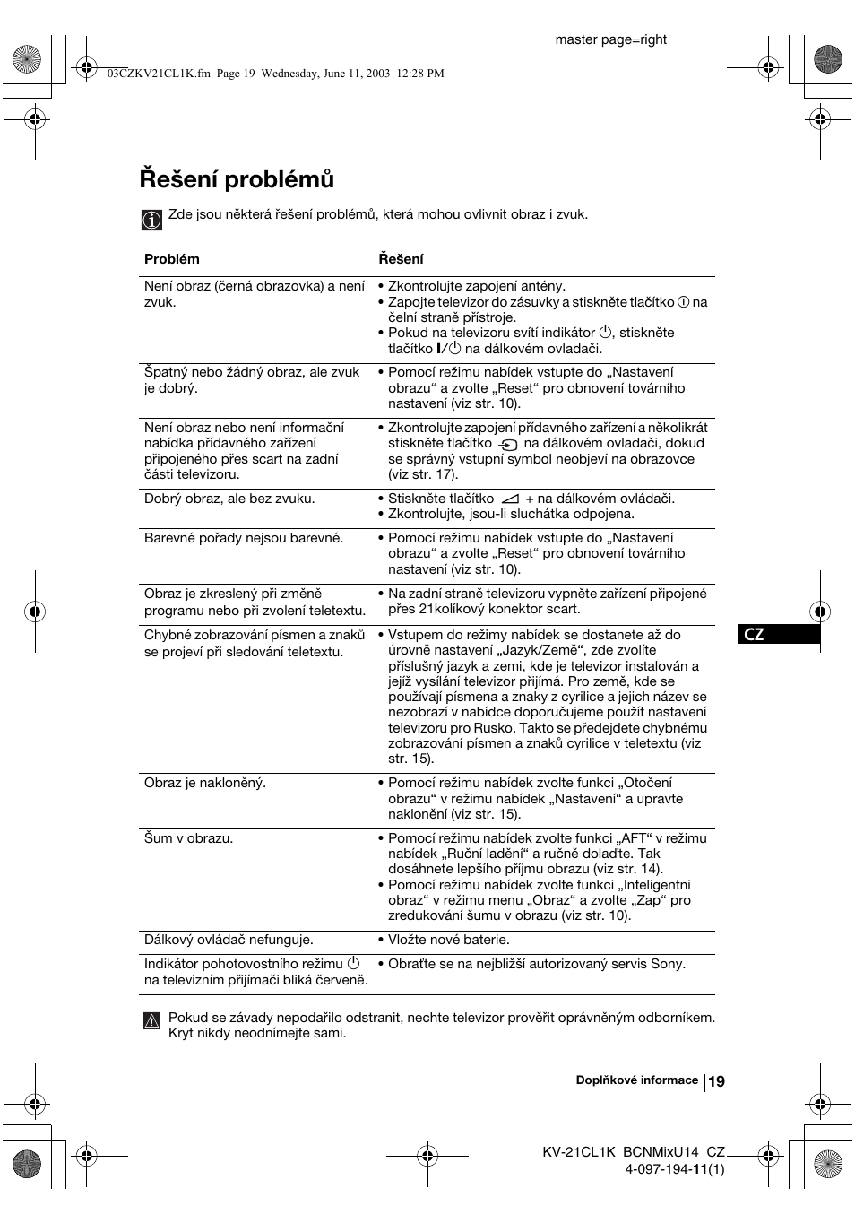 Řešení problémů | Sony KV-21CL1K User Manual | Page 55 / 128