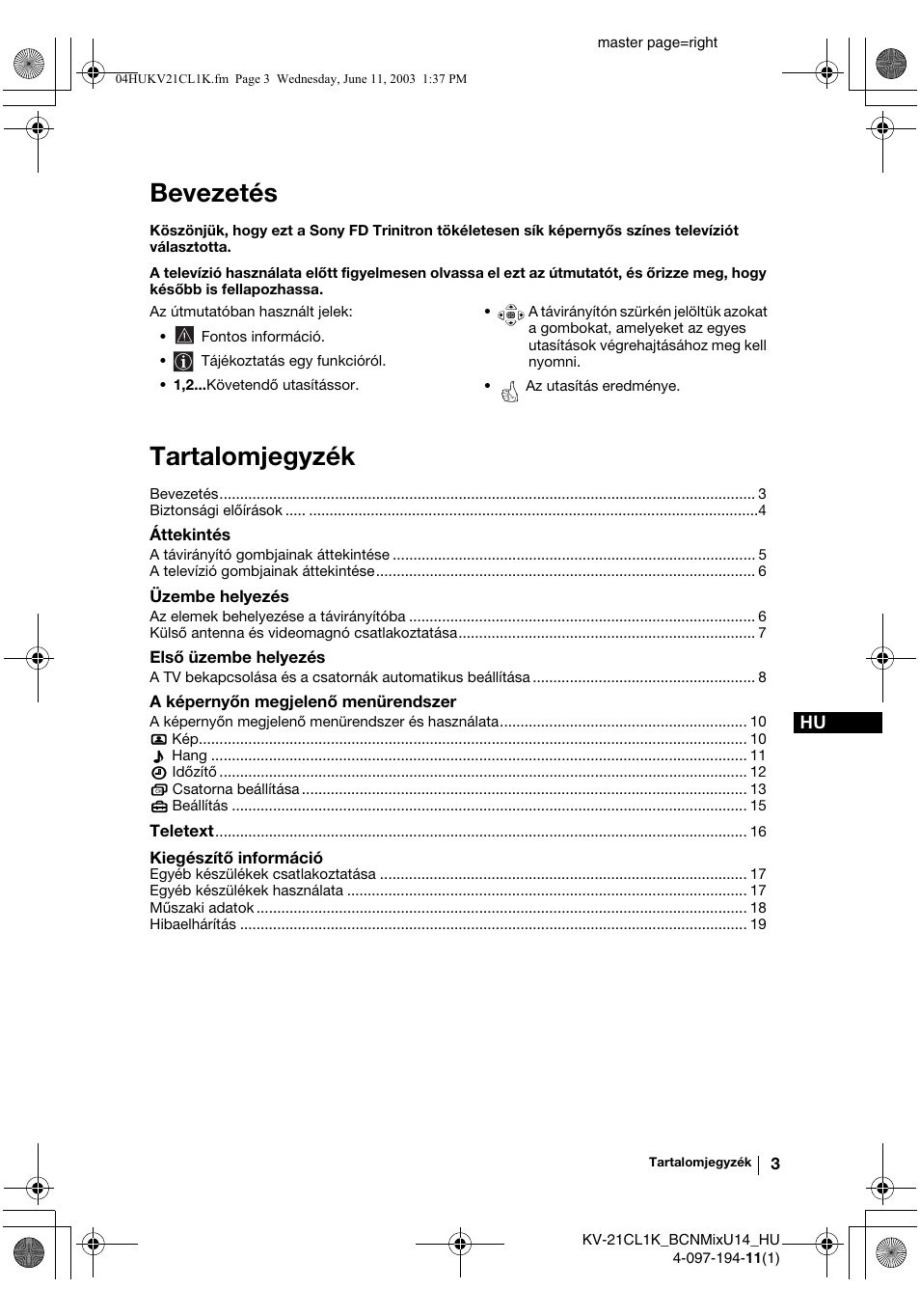 Bevezetés, Tartalomjegyzék | Sony KV-21CL1K User Manual | Page 57 / 128