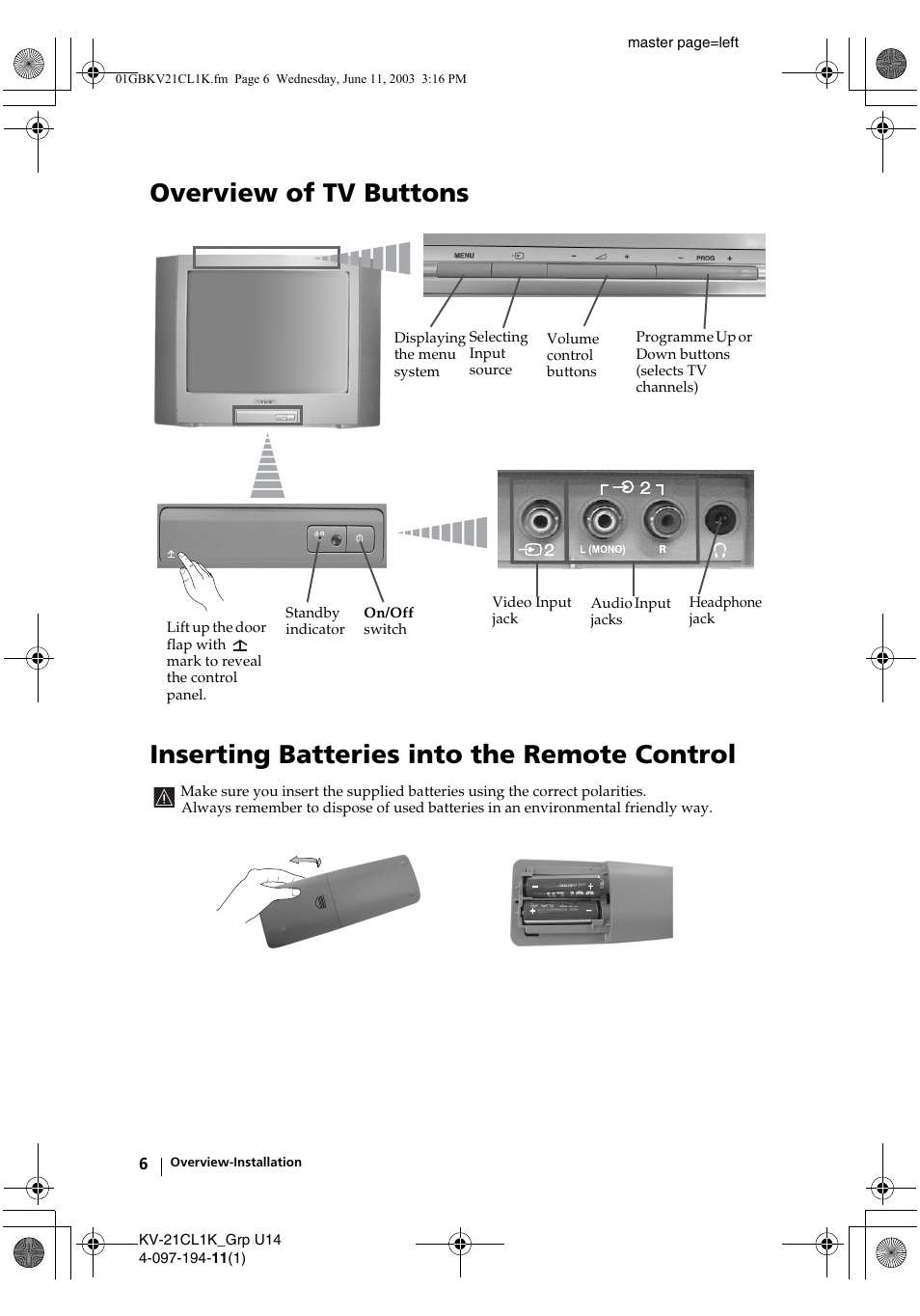 Sony KV-21CL1K User Manual | Page 6 / 128