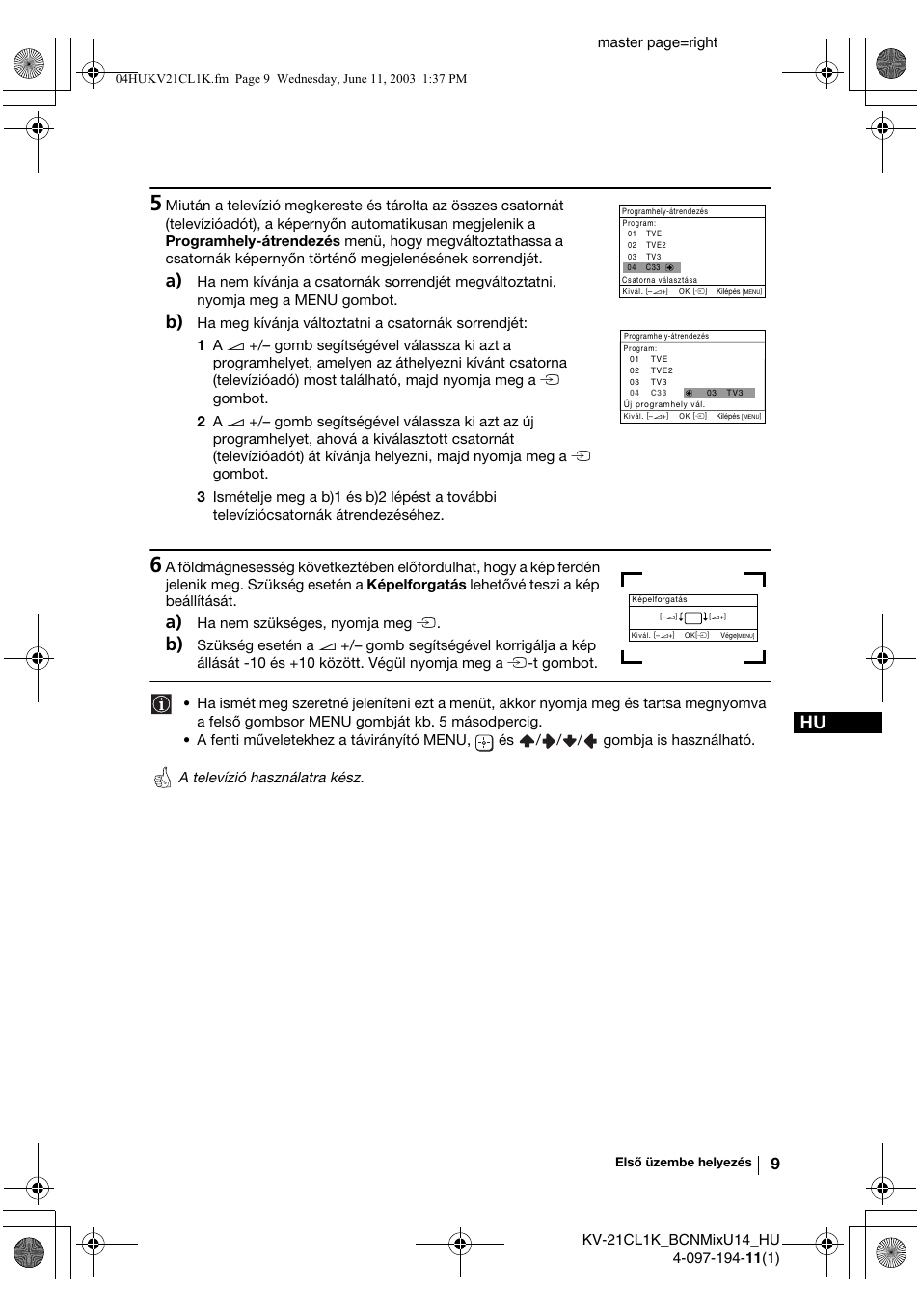 Master page=right, Ha nem szükséges, nyomja meg t | Sony KV-21CL1K User Manual | Page 63 / 128