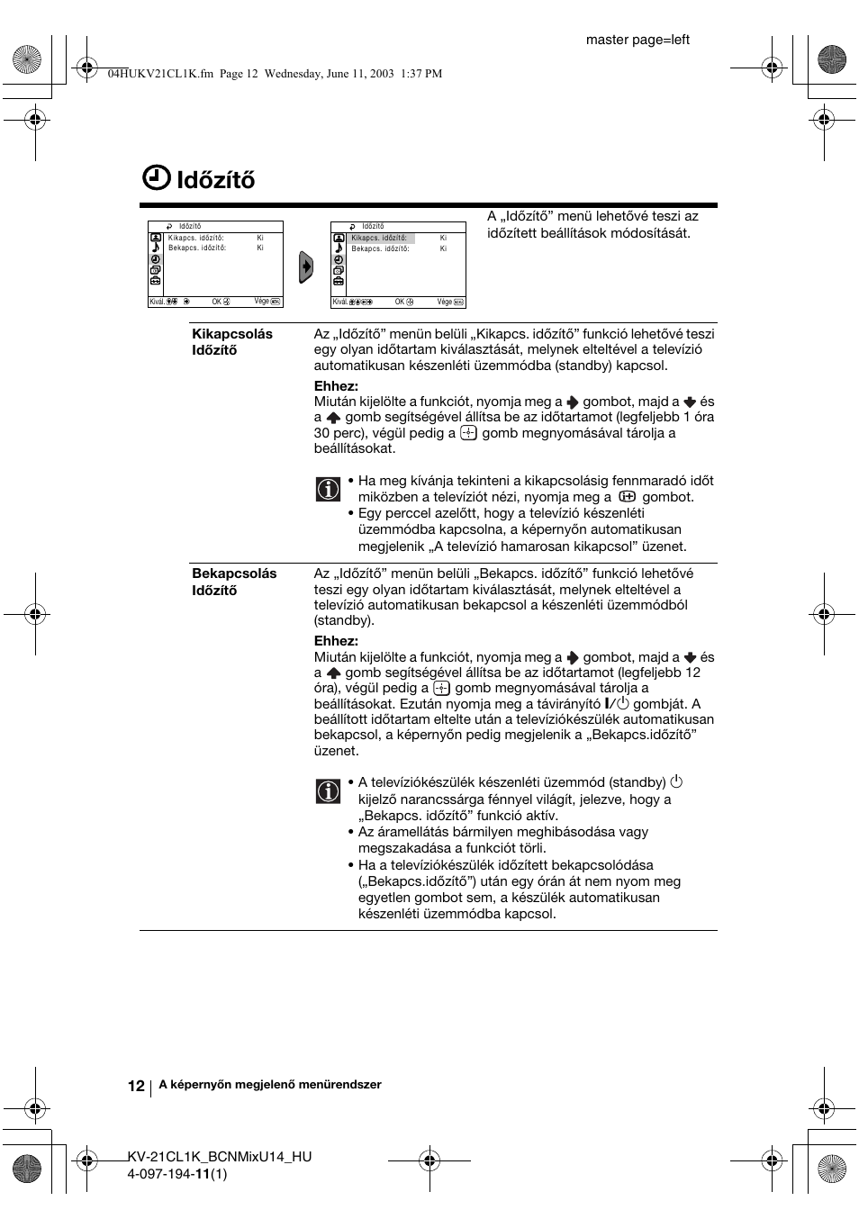 Időzítő | Sony KV-21CL1K User Manual | Page 66 / 128