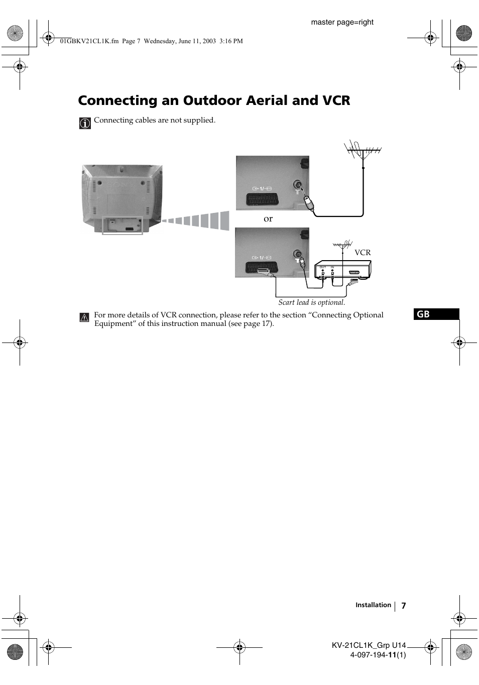 Connecting an outdoor aerial and vcr | Sony KV-21CL1K User Manual | Page 7 / 128