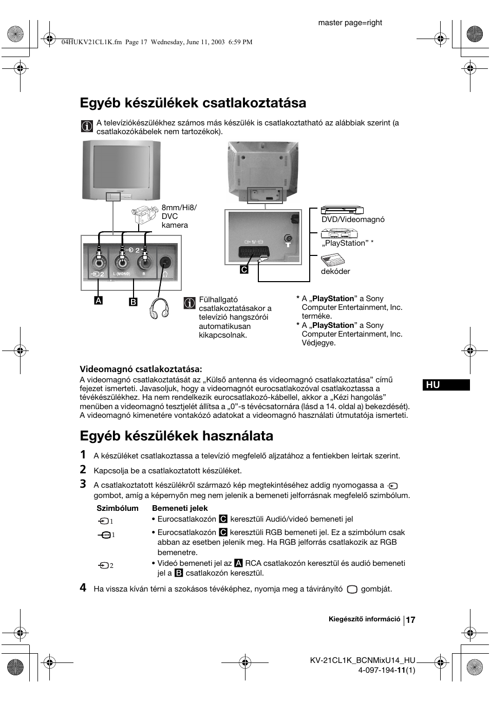 Egyéb készülékek csatlakoztatása, Egyéb készülékek használata | Sony KV-21CL1K User Manual | Page 71 / 128