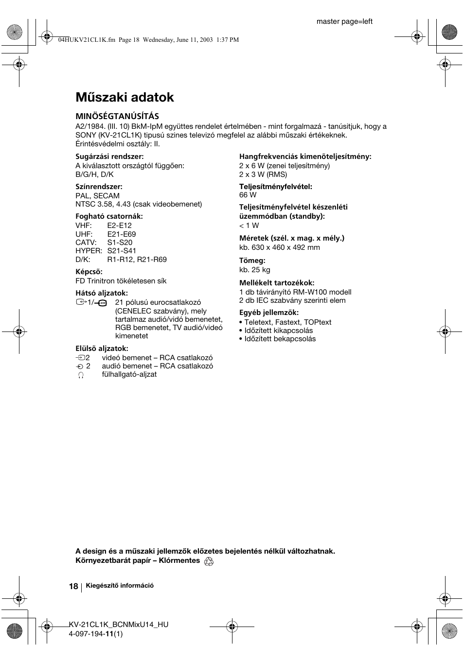 Műszaki adatok | Sony KV-21CL1K User Manual | Page 72 / 128