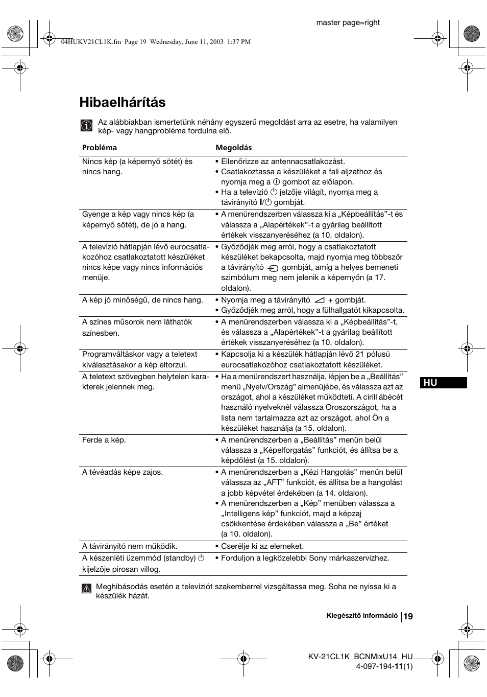 Hibaelhárítás | Sony KV-21CL1K User Manual | Page 73 / 128