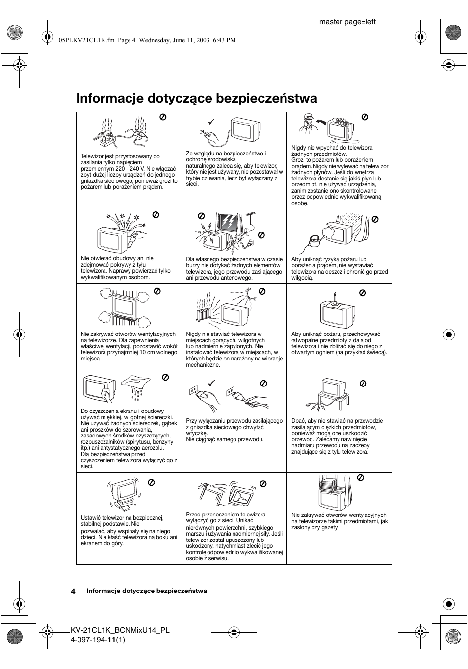 Informacje dotyczące bezpieczeństwa | Sony KV-21CL1K User Manual | Page 76 / 128