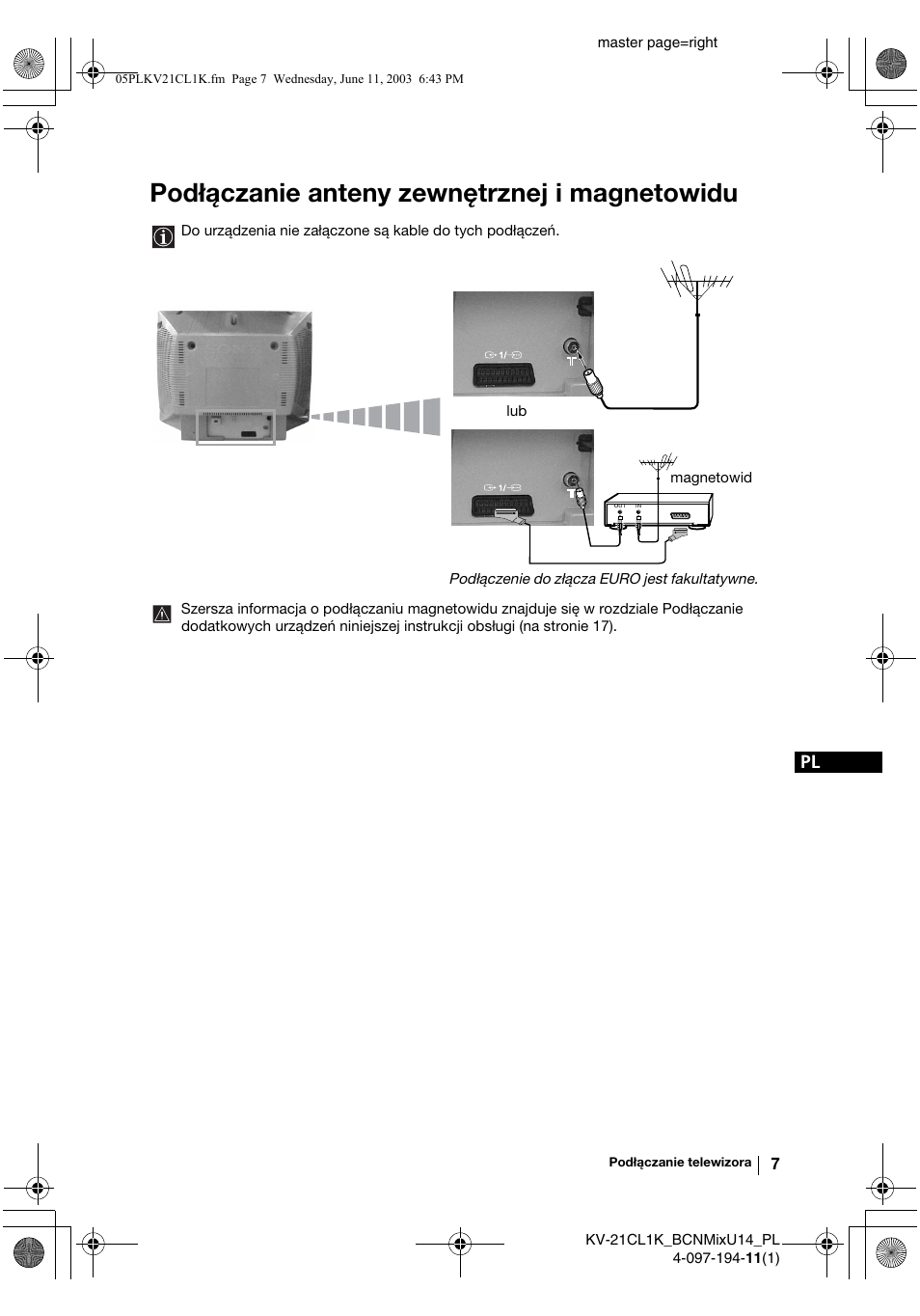 Podłączanie anteny zewnętrznej i magnetowidu | Sony KV-21CL1K User Manual | Page 79 / 128