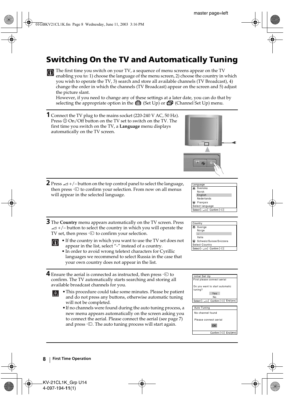 Switching on the tv and automatically tuning | Sony KV-21CL1K User Manual | Page 8 / 128