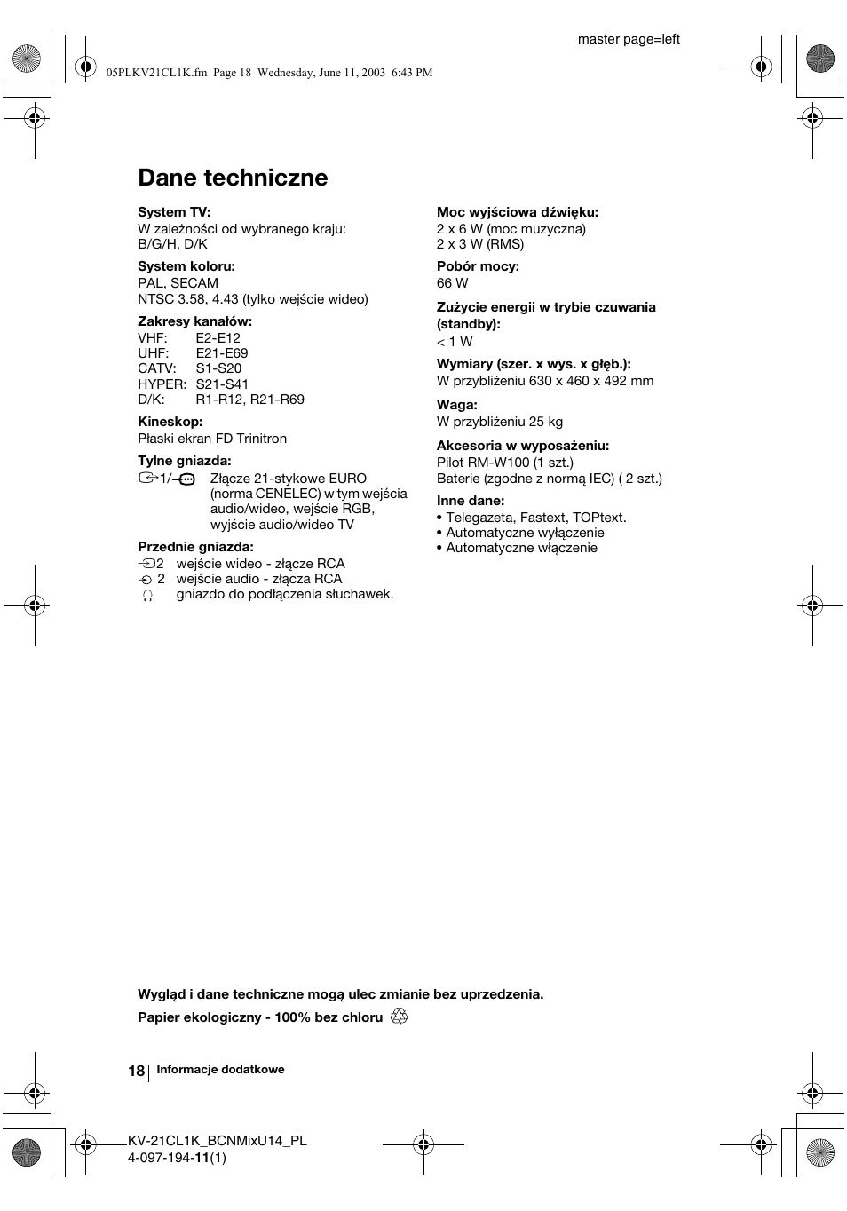 Dane techniczne | Sony KV-21CL1K User Manual | Page 90 / 128