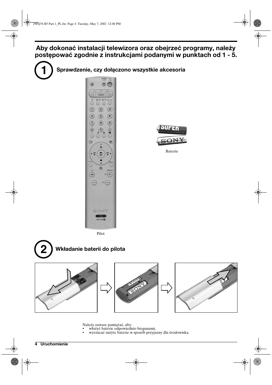 Sprawdzenie, czy dołączono wszystkie akcesoria, Wkładanie baterii do pilota | Sony WEGA KV-29FQ76 K User Manual | Page 102 / 148