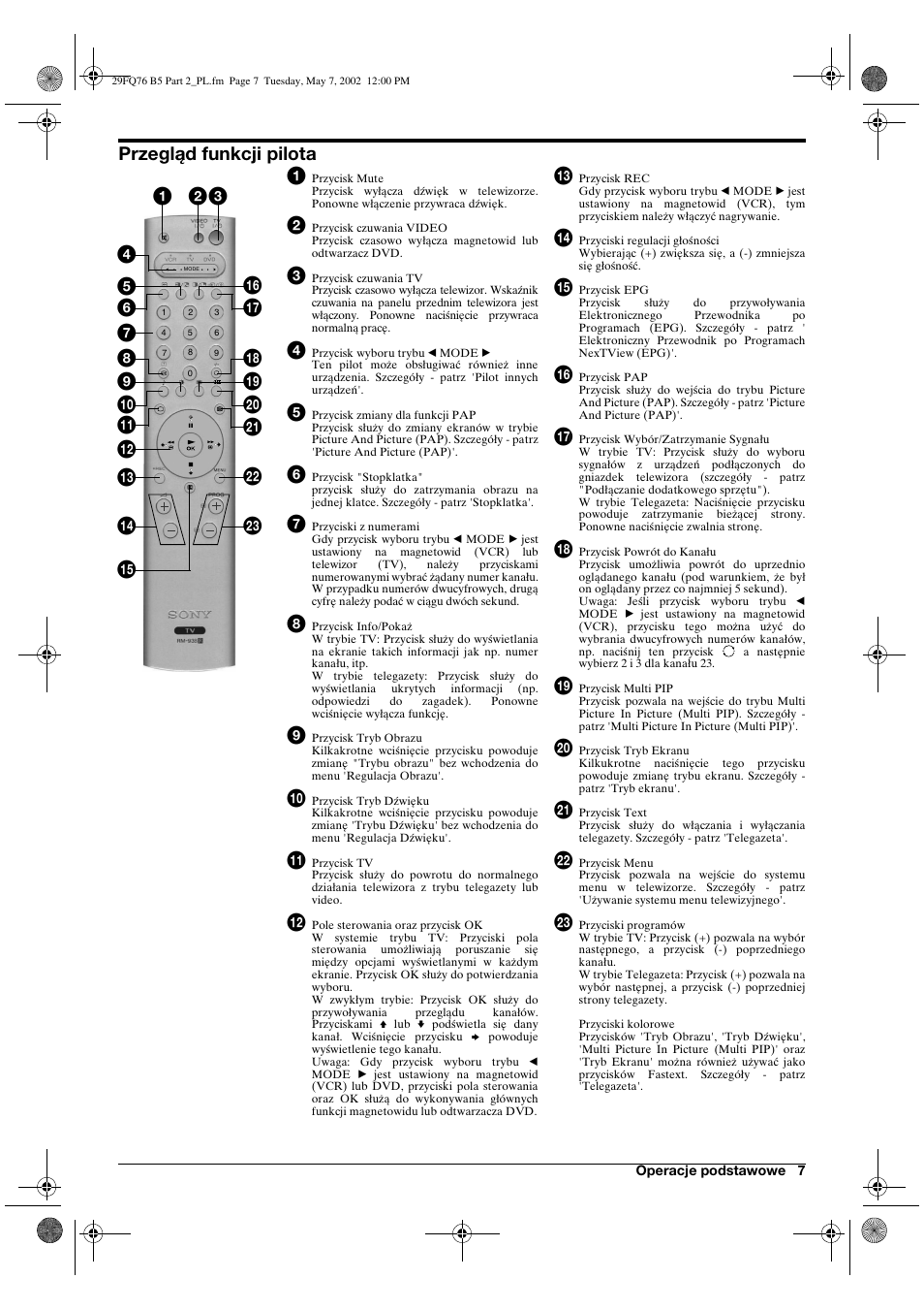 Przegląd funkcji pilota 1 | Sony WEGA KV-29FQ76 K User Manual | Page 105 / 148