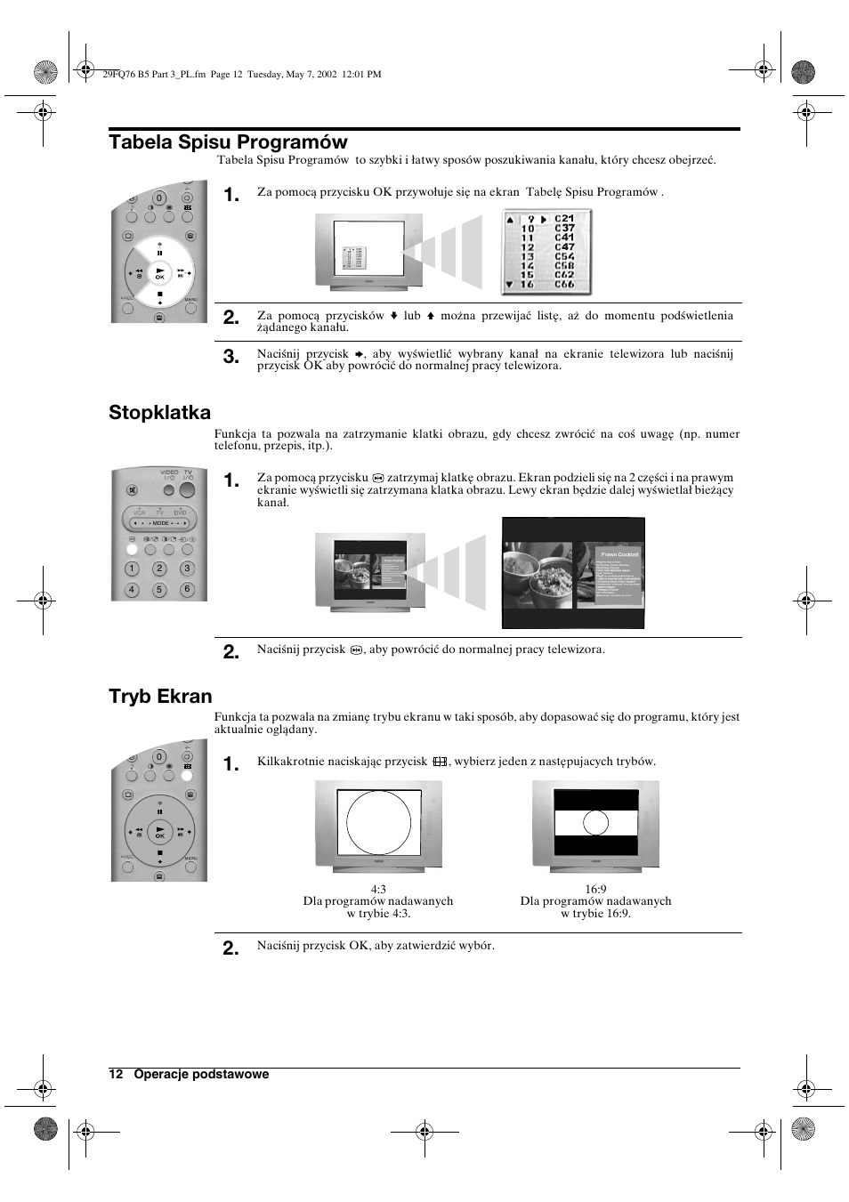 Tabela spisu programów, Stopklatka, Tryb ekran | Sony WEGA KV-29FQ76 K User Manual | Page 110 / 148