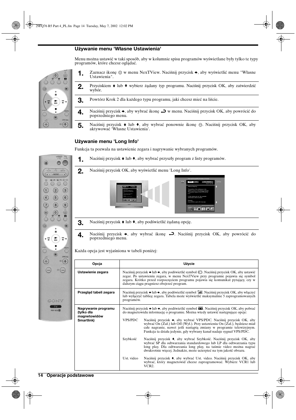 Używanie menu 'własne ustawienia, Używanie menu 'long info | Sony WEGA KV-29FQ76 K User Manual | Page 112 / 148