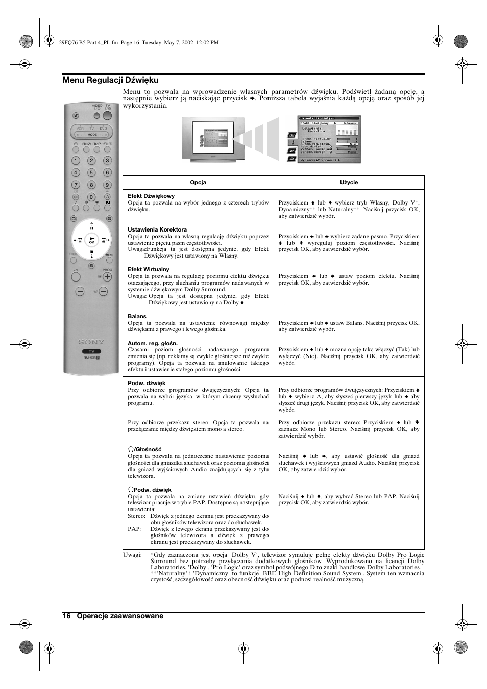 Menu regulacji dźwięku | Sony WEGA KV-29FQ76 K User Manual | Page 114 / 148