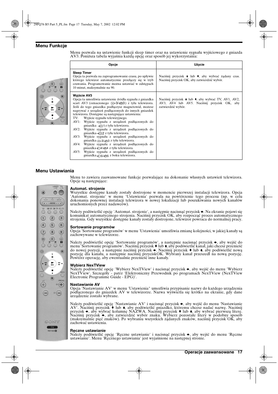 Menu funkcje, Menu ustawiania | Sony WEGA KV-29FQ76 K User Manual | Page 115 / 148