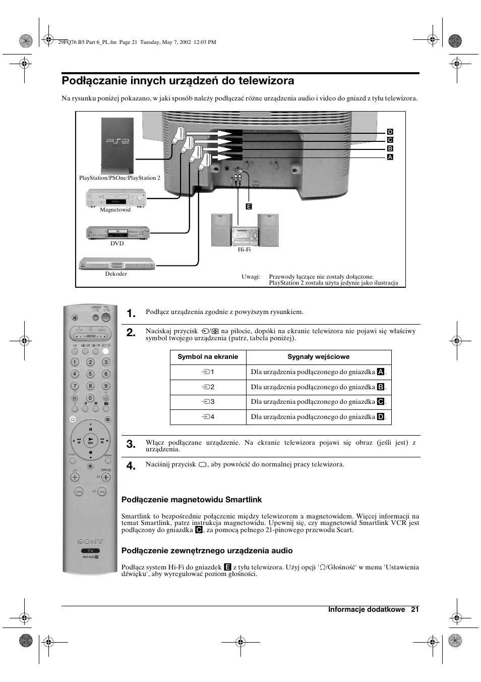 Podłączanie innych urządzeń do telewizora | Sony WEGA KV-29FQ76 K User Manual | Page 119 / 148