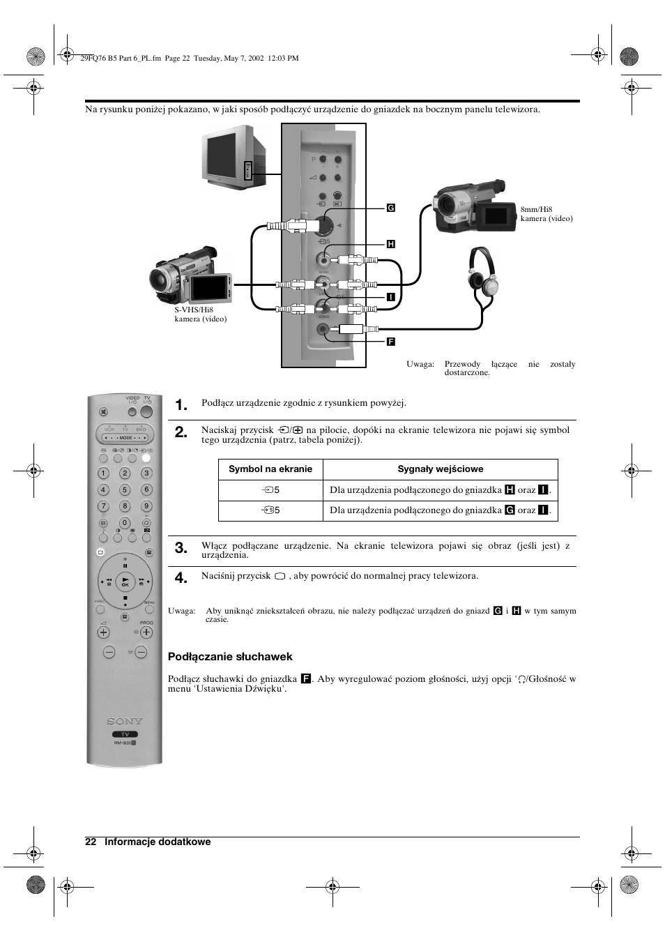 Podłączanie słuchawek | Sony WEGA KV-29FQ76 K User Manual | Page 120 / 148