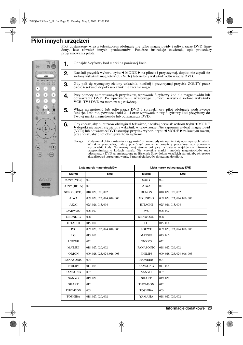 Pilot innych urządzeń | Sony WEGA KV-29FQ76 K User Manual | Page 121 / 148