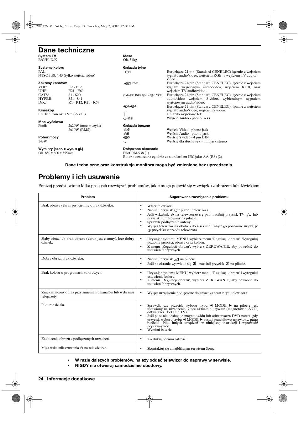 Dane techniczne, Problemy i ich usuwanie | Sony WEGA KV-29FQ76 K User Manual | Page 122 / 148